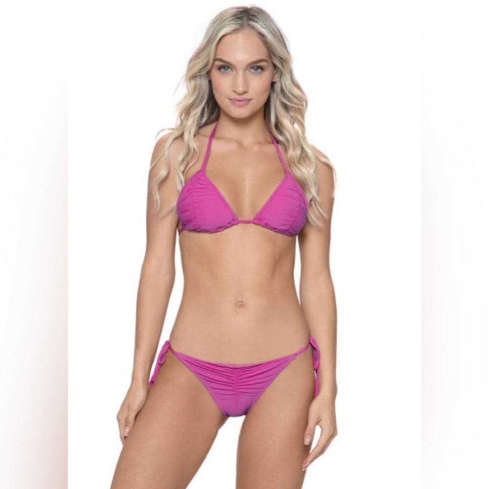 NWT PQ Swim Metallic Pink Ruched Triangle Top Ruched Side Tie Bikini Set Large